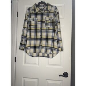 Ninexus Button Down Plaid Shacket Jacket Blue Yellow Cream Small/medium